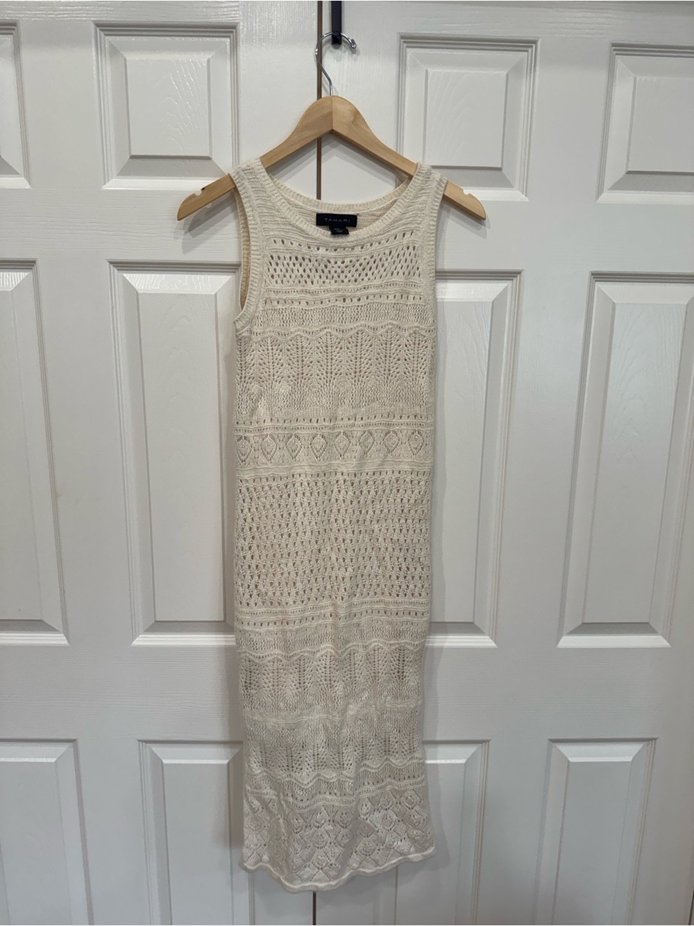 Tahari Cream Crochet Knit Sleeveless Midi Dress